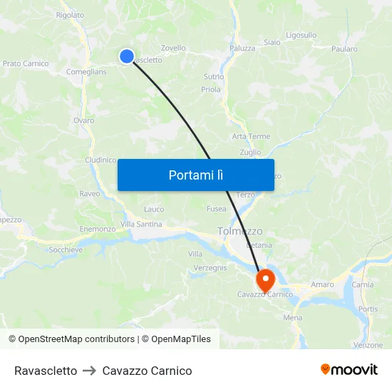 Ravascletto to Cavazzo Carnico map