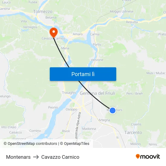 Montenars to Cavazzo Carnico map