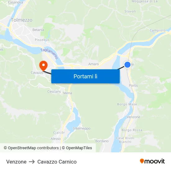 Venzone to Cavazzo Carnico map