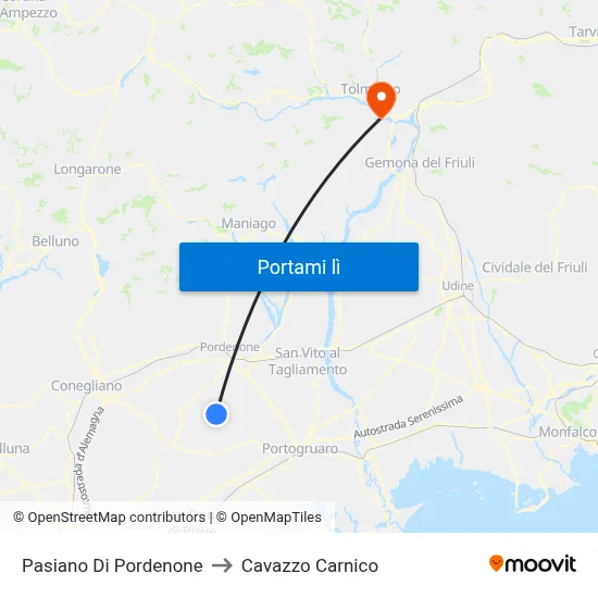 Pasiano Di Pordenone to Cavazzo Carnico map