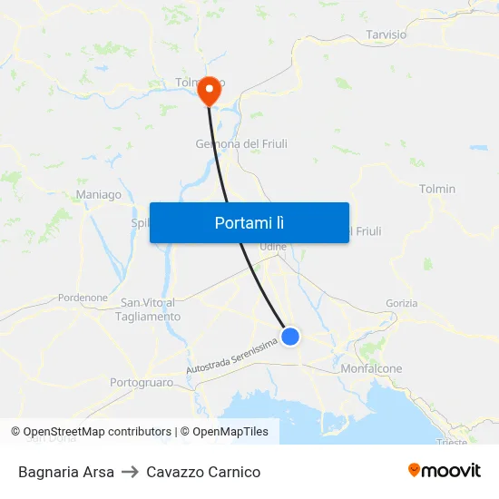 Bagnaria Arsa to Cavazzo Carnico map