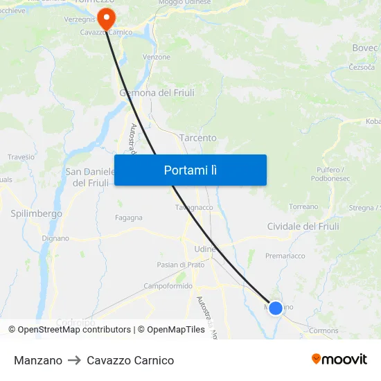 Manzano to Cavazzo Carnico map