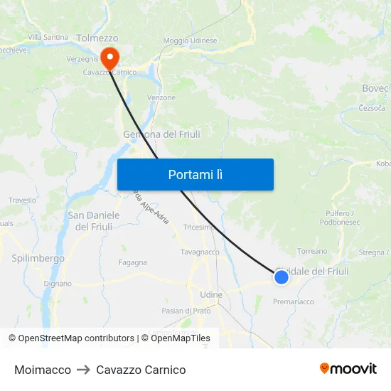 Moimacco to Cavazzo Carnico map