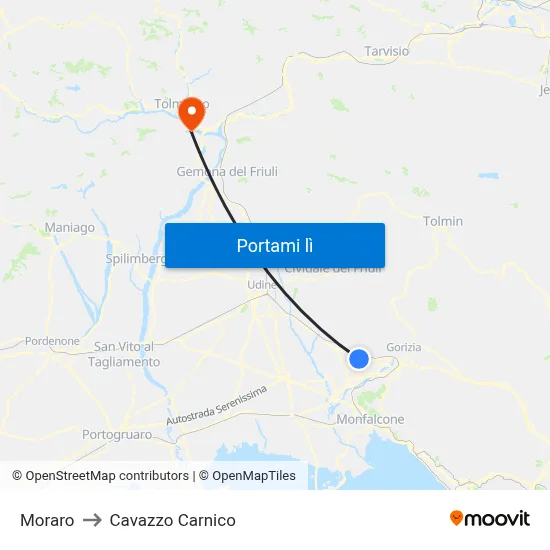 Moraro to Cavazzo Carnico map