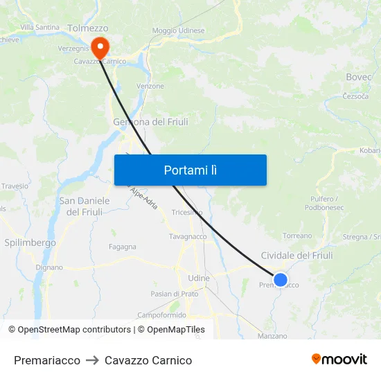 Premariacco to Cavazzo Carnico map