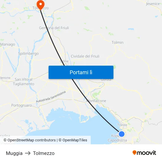 Muggia to Tolmezzo map