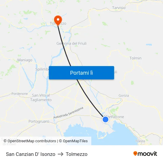 San Canzian D' Isonzo to Tolmezzo map