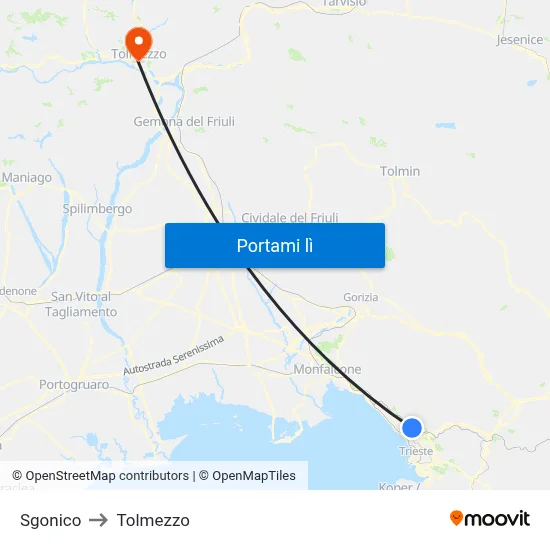 Sgonico to Tolmezzo map