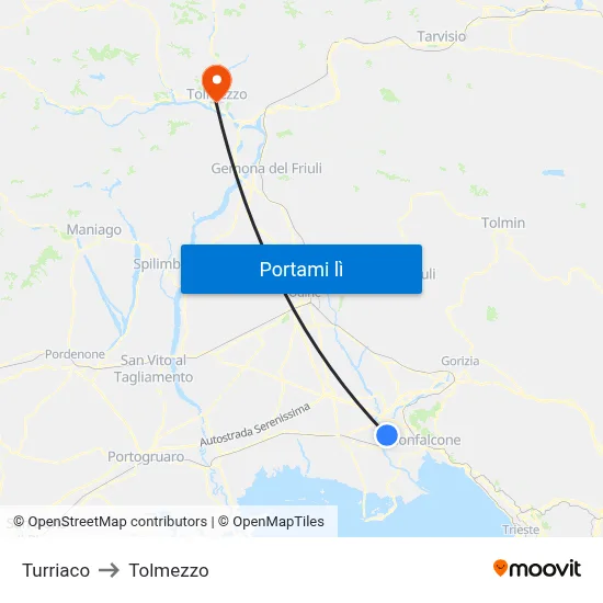 Turriaco to Tolmezzo map