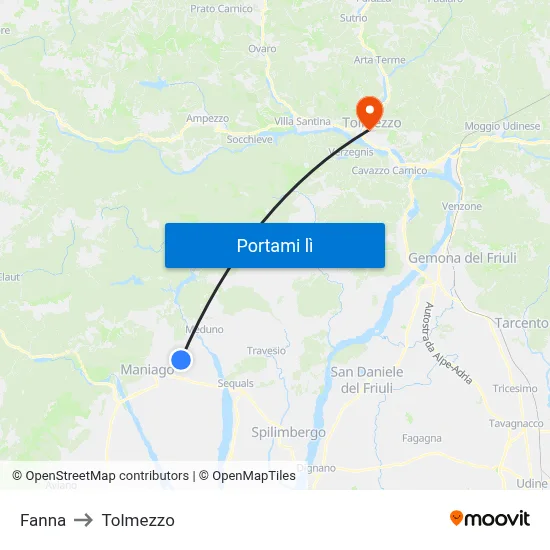 Fanna to Tolmezzo map