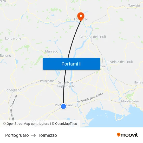 Portogruaro to Tolmezzo map