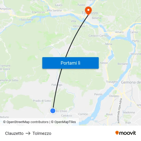 Clauzetto to Tolmezzo map