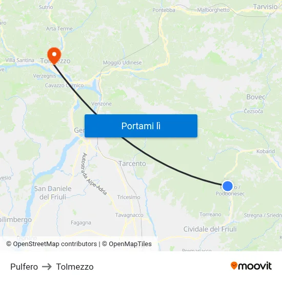 Pulfero to Tolmezzo map