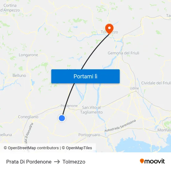 Prata Di Pordenone to Tolmezzo map