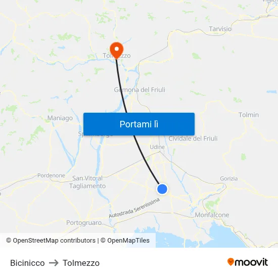 Bicinicco to Tolmezzo map