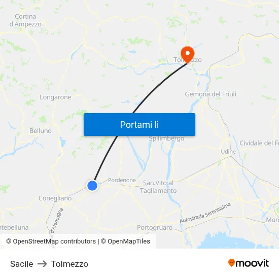 Sacile to Tolmezzo map