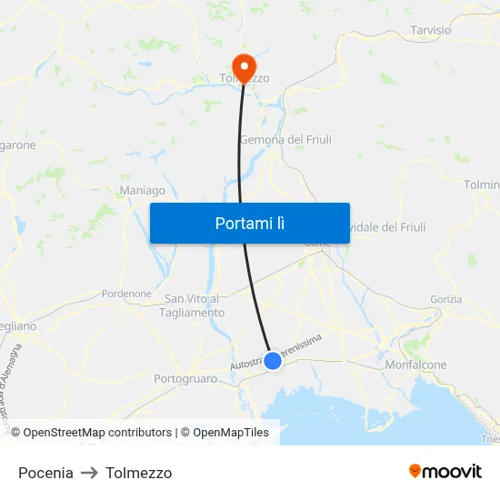 Pocenia to Tolmezzo map