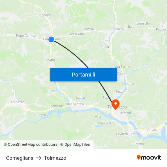 Comeglians to Tolmezzo map