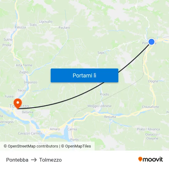 Pontebba to Tolmezzo map