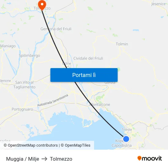 Muggia / Milje to Tolmezzo map