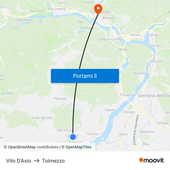 Vito D'Asio to Tolmezzo map