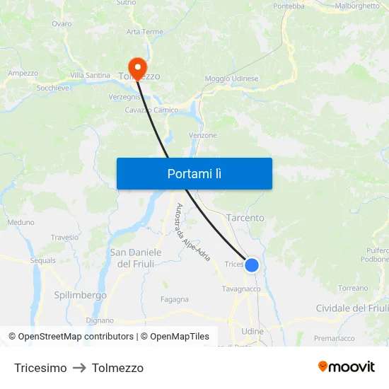 Tricesimo to Tolmezzo map