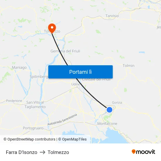 Farra D'Isonzo to Tolmezzo map