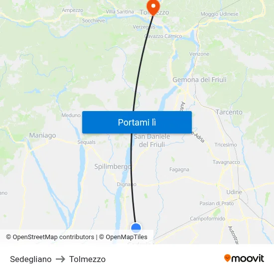 Sedegliano to Tolmezzo map