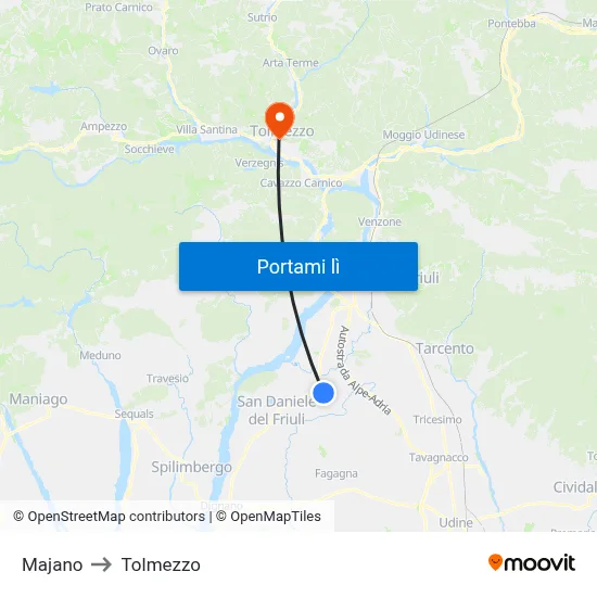 Majano to Tolmezzo map