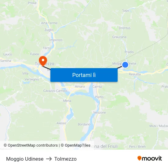 Moggio Udinese to Tolmezzo map