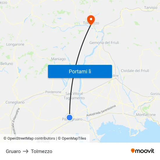 Gruaro to Tolmezzo map