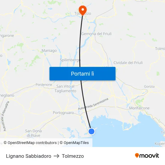 Lignano Sabbiadoro to Tolmezzo map