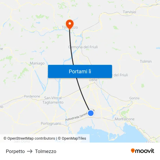 Porpetto to Tolmezzo map