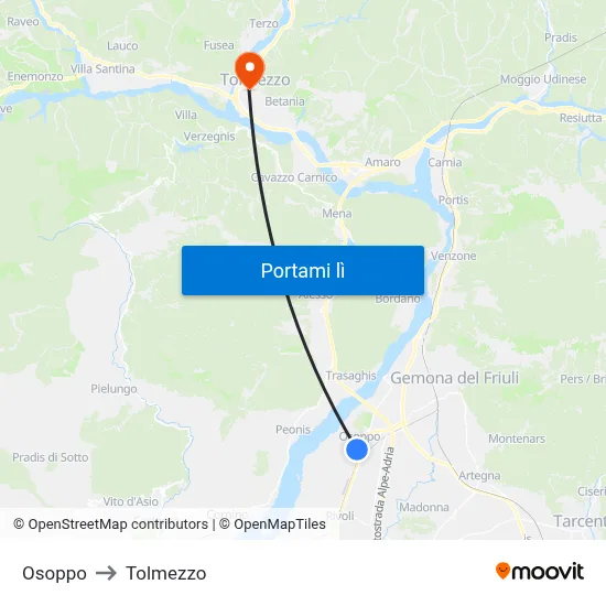 Osoppo to Tolmezzo map