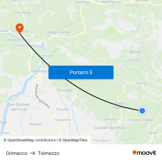 Grimacco to Tolmezzo map
