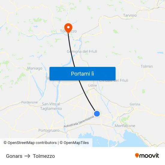 Gonars to Tolmezzo map
