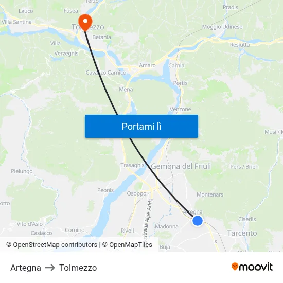 Artegna to Tolmezzo map