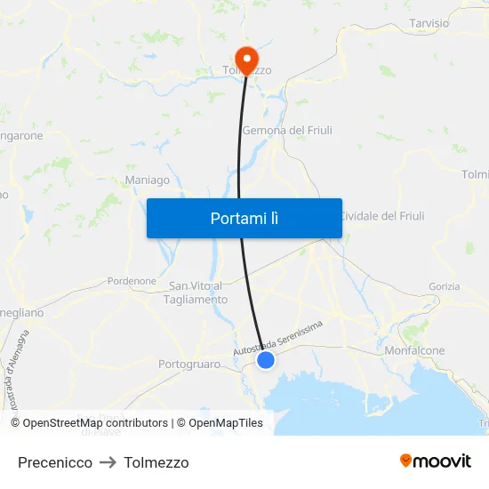 Precenicco to Tolmezzo map