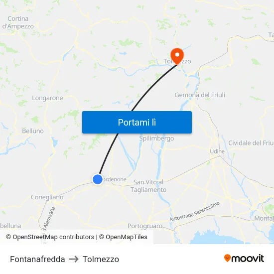 Fontanafredda to Tolmezzo map