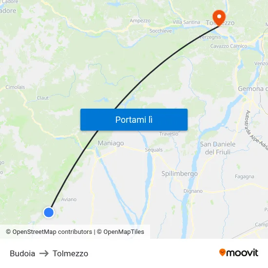 Budoia to Tolmezzo map