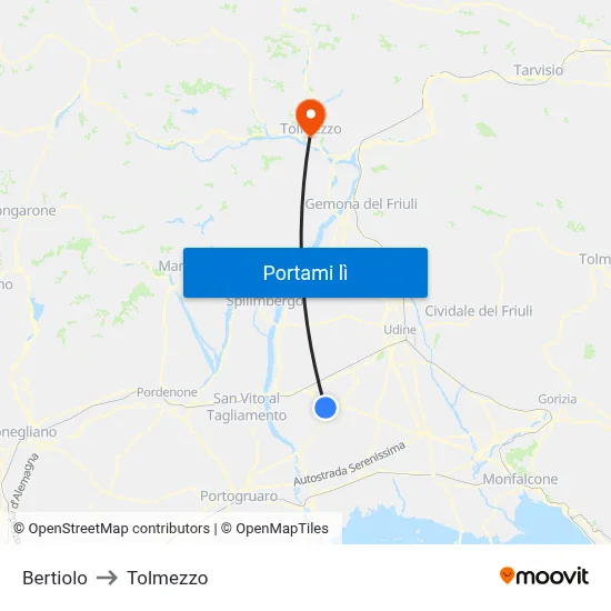 Bertiolo to Tolmezzo map