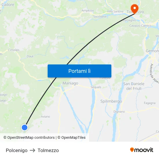 Polcenigo to Tolmezzo map