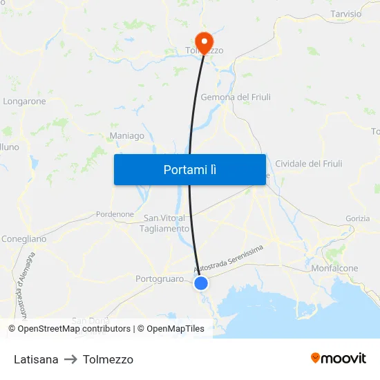 Latisana to Tolmezzo map