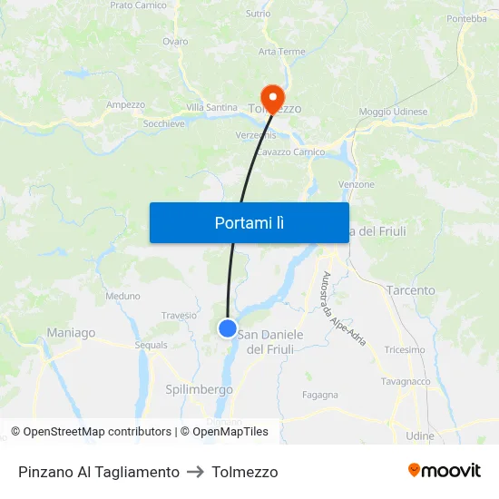 Pinzano Al Tagliamento to Tolmezzo map