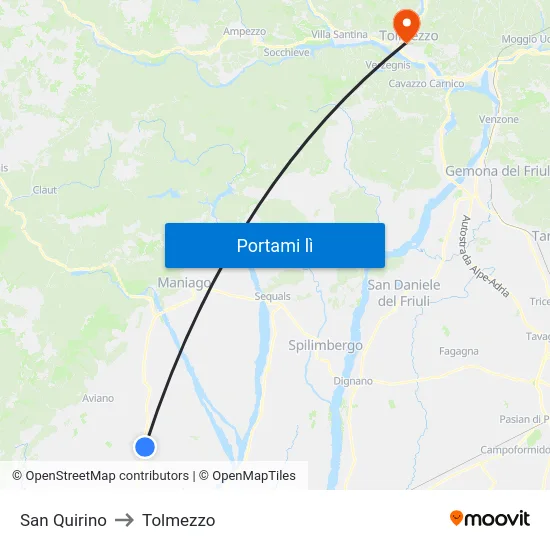 San Quirino to Tolmezzo map