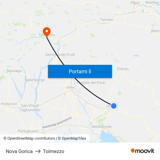 Nova Gorica to Tolmezzo map