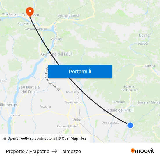 Prepotto / Prapotno to Tolmezzo map