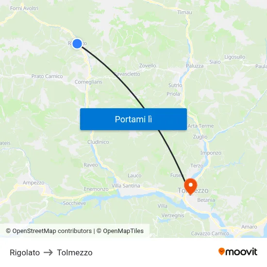 Rigolato to Tolmezzo map