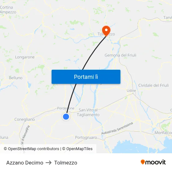 Azzano Decimo to Tolmezzo map