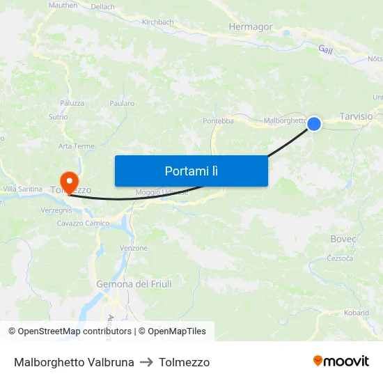 Malborghetto Valbruna to Tolmezzo map